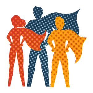 Underground Self-Defense Core Value Inclusive Community shown as three colorful figures with capes and super powers