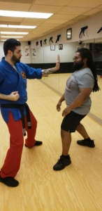 A man in a martial arts uniform and black belt demonstrates a palm heel strike against another man in a t-shirt and shorts.